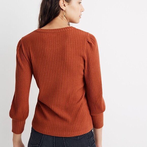 Madewell Brushed Rib Pleat-Sleeve Top Rust Orange 3/4 Sleeve Sweater size Large - Picture 3 of 10